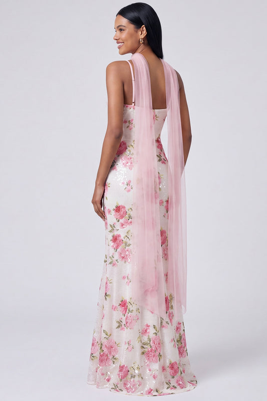 White Pink Flower V-Neck Sequins Mermaid Long Formal Dress