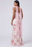 White Pink Flower V-Neck Sequins Mermaid Long Formal Dress