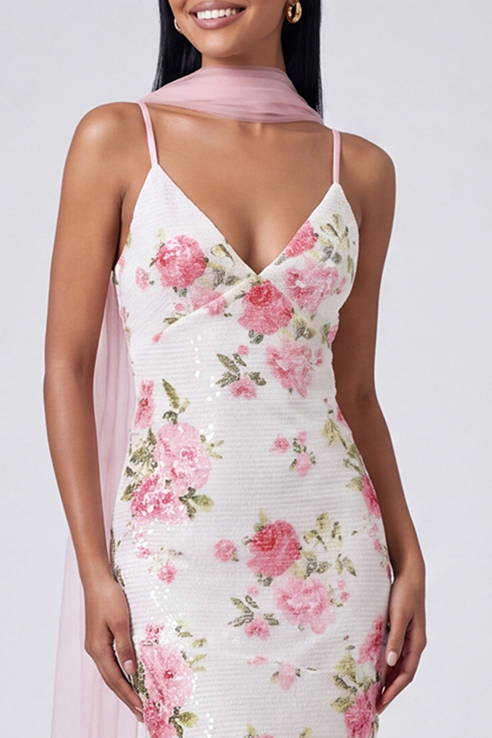 White Pink Flower V-Neck Sequins Mermaid Long Formal Dress