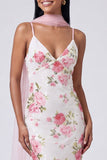 White Pink Flower V-Neck Sequins Mermaid Long Formal Dress