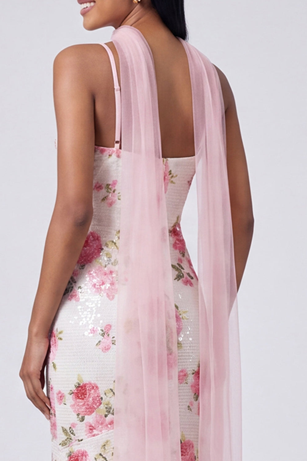 White Pink Flower V-Neck Sequins Mermaid Long Formal Dress