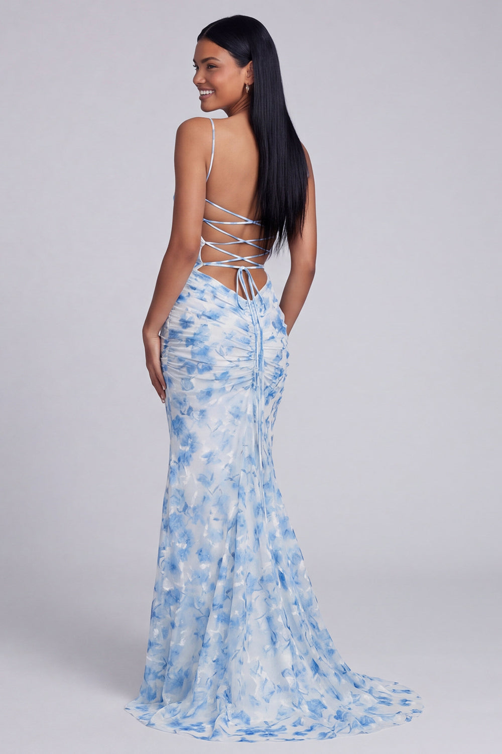 Light Green Floral Ruched Spaghetti Straps Mermaid Long Formal Dress
