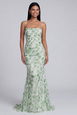 Light Green Floral Ruched Spaghetti Straps Mermaid Long Formal Dress
