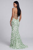 Light Green Floral Ruched Spaghetti Straps Mermaid Long Formal Dress