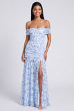 Pink Floral Ruched Off the Shoulder Mermaid Long Formal Dress with Slit
