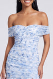 Pink Floral Ruched Off the Shoulder Mermaid Long Formal Dress with Slit