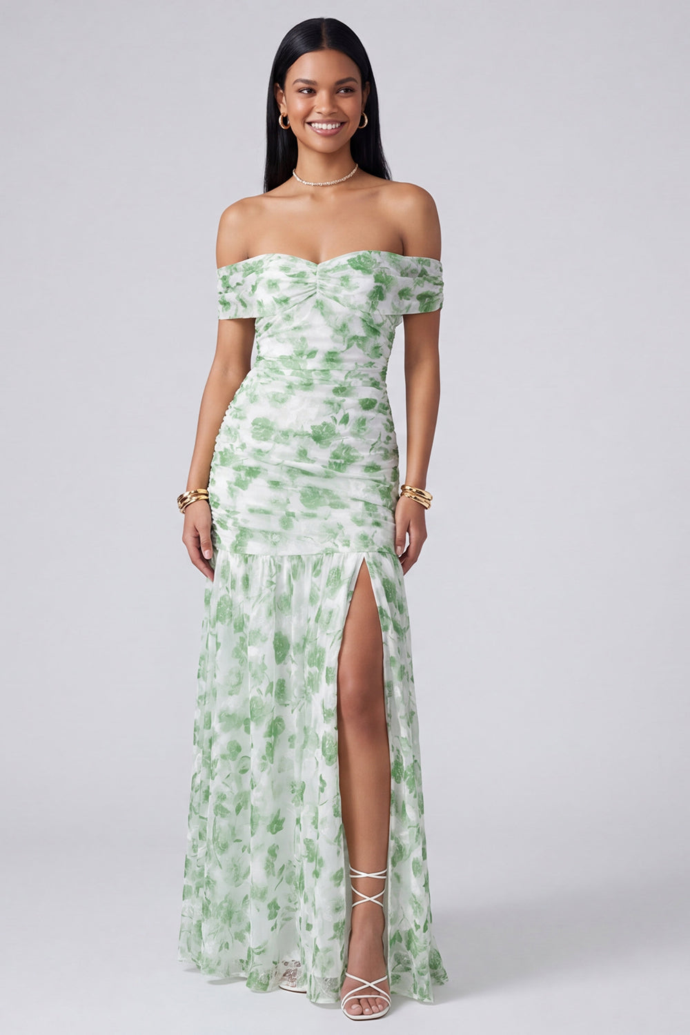 Pink Floral Ruched Off the Shoulder Mermaid Long Formal Dress with Slit