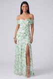 Pink Floral Ruched Off the Shoulder Mermaid Long Formal Dress with Slit