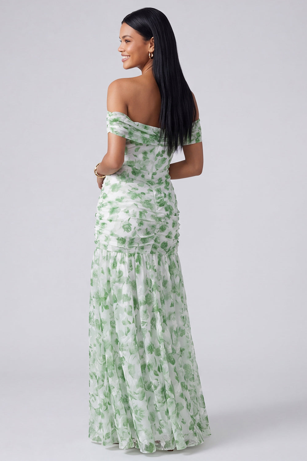 Pink Floral Ruched Off the Shoulder Mermaid Long Formal Dress with Slit