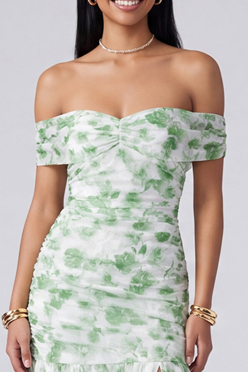 Pink Floral Ruched Off the Shoulder Mermaid Long Formal Dress with Slit
