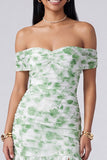 Pink Floral Ruched Off the Shoulder Mermaid Long Formal Dress with Slit
