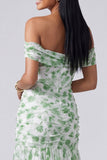Pink Floral Ruched Off the Shoulder Mermaid Long Formal Dress with Slit