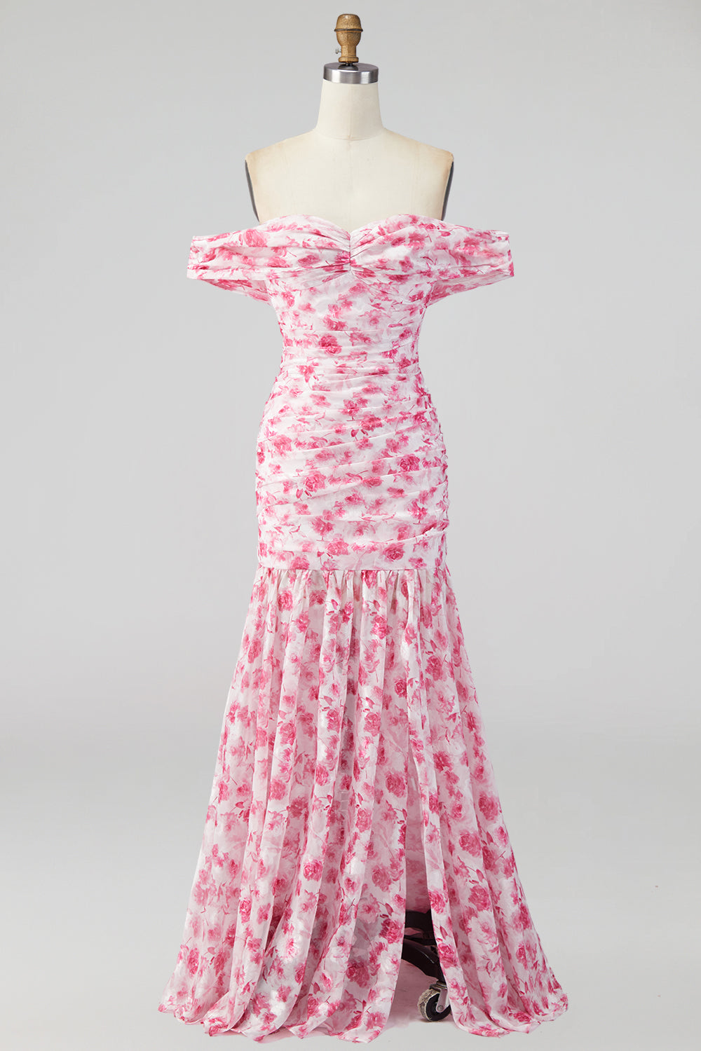 Pink Floral Ruched Off the Shoulder Mermaid Long Formal Dress with Slit