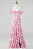 Pink Floral Ruched Off the Shoulder Mermaid Long Formal Dress with Slit