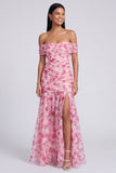 Pink Floral Ruched Off the Shoulder Mermaid Long Formal Dress with Slit