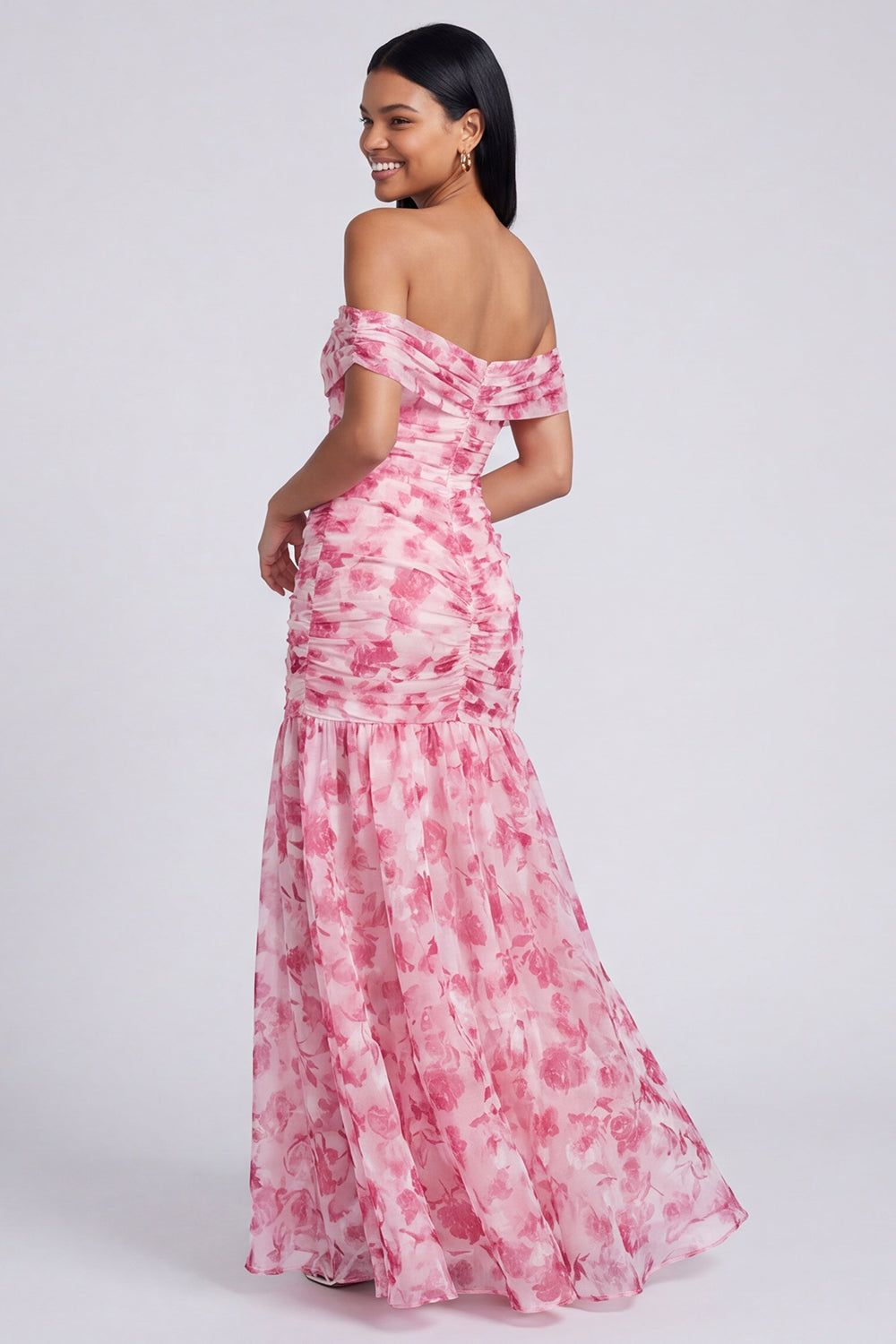 Pink Floral Ruched Off the Shoulder Mermaid Long Formal Dress with Slit