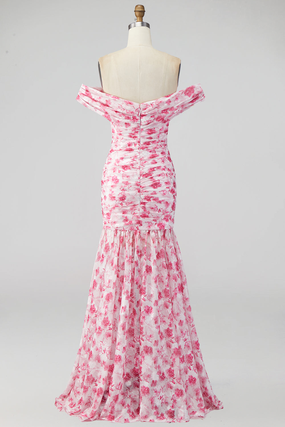 Pink Floral Ruched Off the Shoulder Mermaid Long Formal Dress with Slit