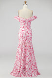 Pink Floral Ruched Off the Shoulder Mermaid Long Formal Dress with Slit