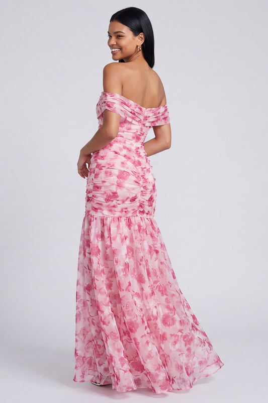 Pink Floral Ruched Off the Shoulder Mermaid Long Formal Dress with Slit