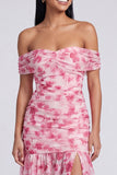 Pink Floral Ruched Off the Shoulder Mermaid Long Formal Dress with Slit