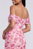 Pink Floral Ruched Off the Shoulder Mermaid Long Formal Dress with Slit