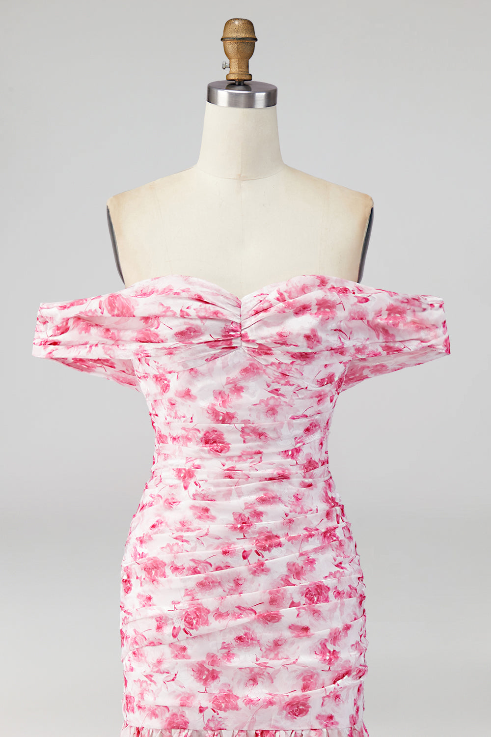 Pink Floral Ruched Off the Shoulder Mermaid Long Formal Dress with Slit