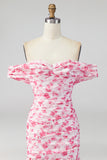 Pink Floral Ruched Off the Shoulder Mermaid Long Formal Dress with Slit