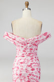 Pink Floral Ruched Off the Shoulder Mermaid Long Formal Dress with Slit
