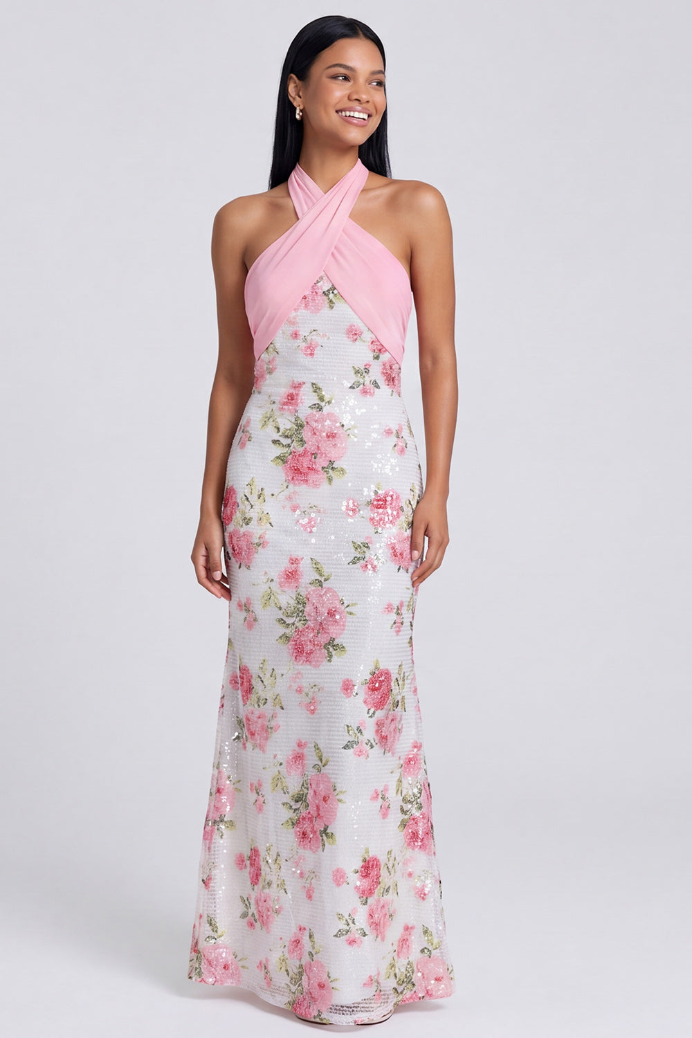 Light Pink Halter Backless Sequins Floral Mermaid Long Formal Dress