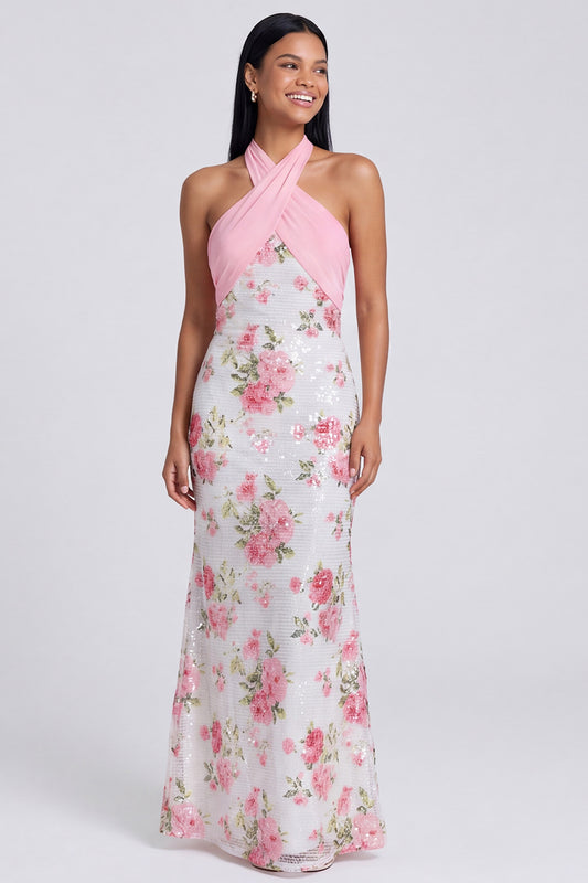 Light Pink Halter Backless Sequins Floral Mermaid Long Formal Dress