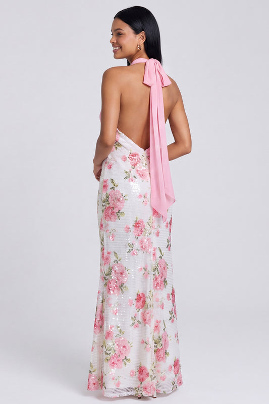 Light Pink Halter Backless Sequins Floral Mermaid Long Formal Dress