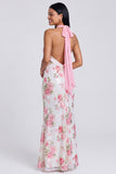 Light Pink Halter Backless Sequins Floral Mermaid Long Formal Dress
