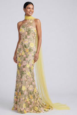 Butter Yellow One Shoulder Floral Embroidered Mermaid Long Formal Dress
