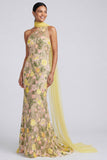 Butter Yellow One Shoulder Floral Embroidered Mermaid Long Formal Dress