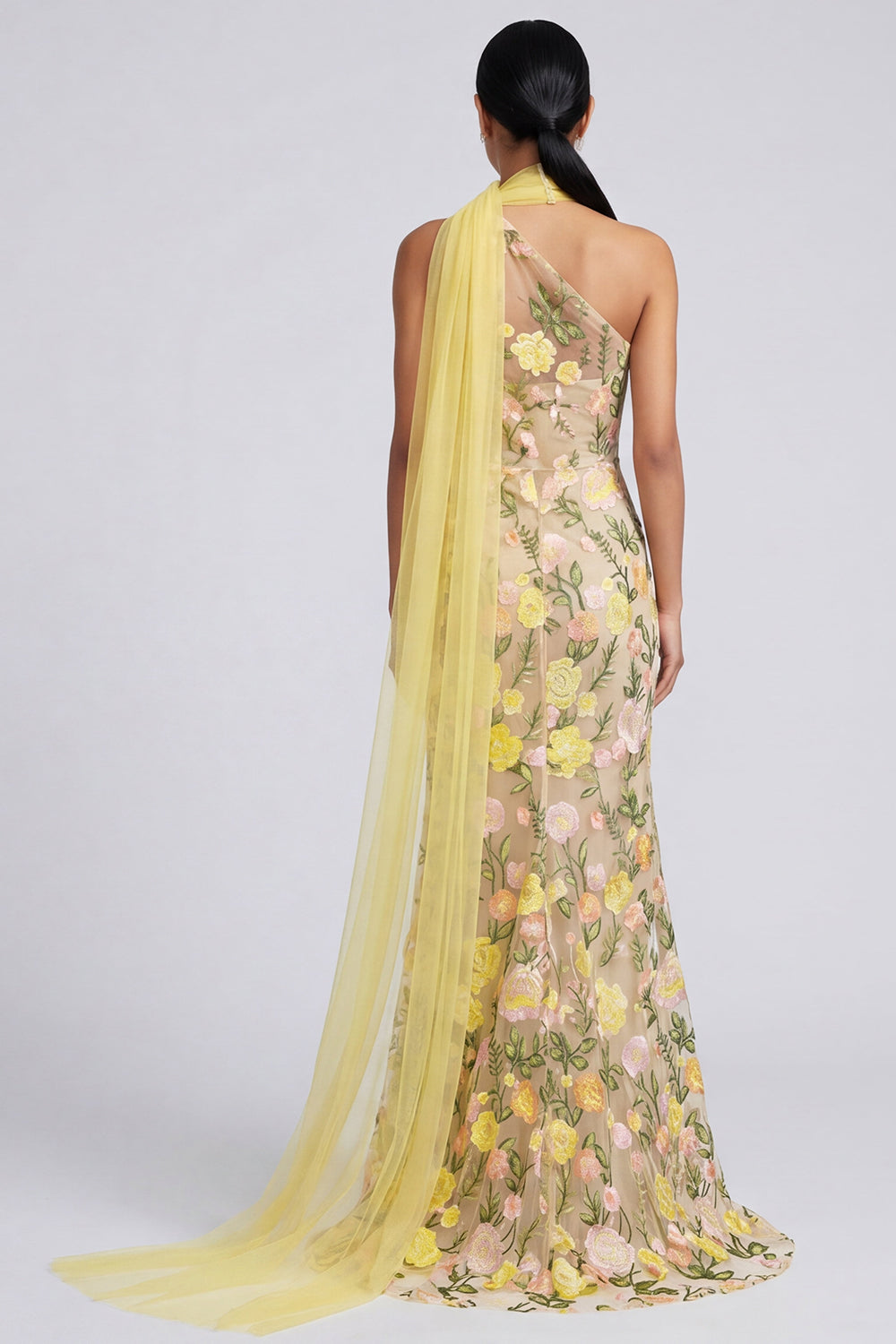 Butter Yellow One Shoulder Floral Embroidered Mermaid Long Formal Dress