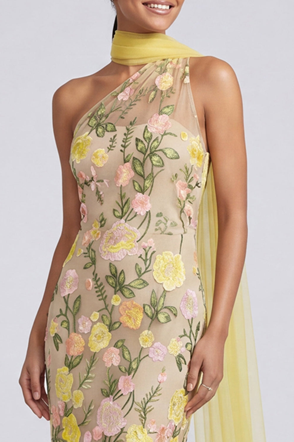 Butter Yellow One Shoulder Floral Embroidered Mermaid Long Formal Dress