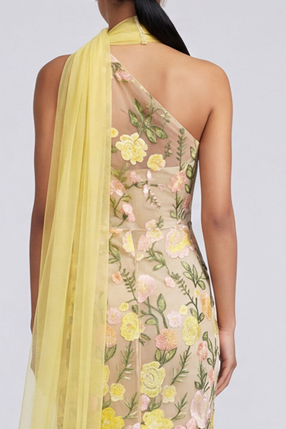 Butter Yellow One Shoulder Floral Embroidered Mermaid Long Formal Dress