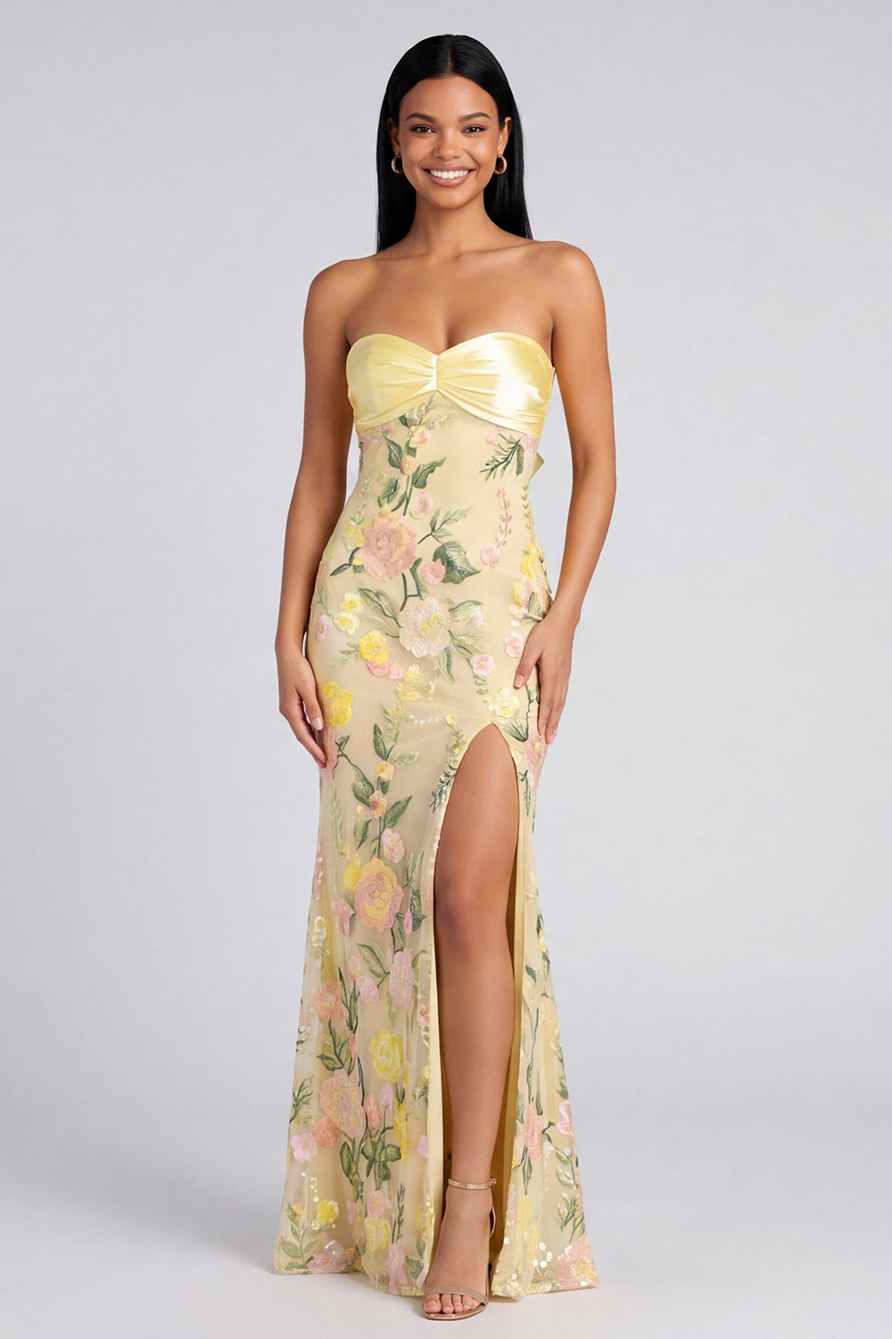 Butter Yellow Strapless Floral Mermaid Long Formal Dress with Slit