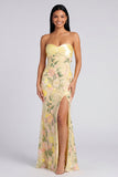 Butter Yellow Strapless Floral Mermaid Long Formal Dress with Slit