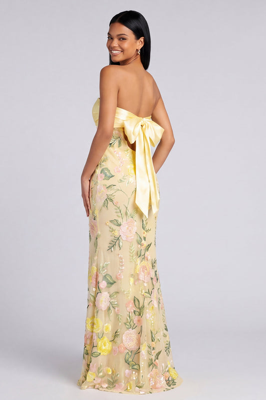 Butter Yellow Strapless Floral Mermaid Long Formal Dress with Slit