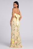Butter Yellow Strapless Floral Mermaid Long Formal Dress with Slit