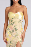 Butter Yellow Strapless Floral Mermaid Long Formal Dress with Slit