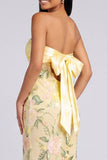 Butter Yellow Strapless Floral Mermaid Long Formal Dress with Slit