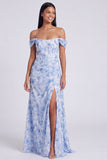 Light Blue Floral Ruched Corset Mermaid Long Formal Dress with Slit