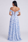 Light Blue Floral Ruched Corset Mermaid Long Formal Dress with Slit