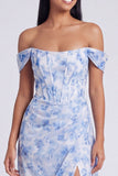 Light Blue Floral Ruched Corset Mermaid Long Formal Dress with Slit