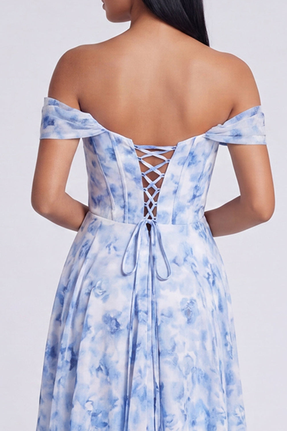 Light Blue Floral Ruched Corset Mermaid Long Formal Dress with Slit