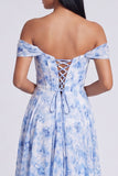 Light Blue Floral Ruched Corset Mermaid Long Formal Dress with Slit
