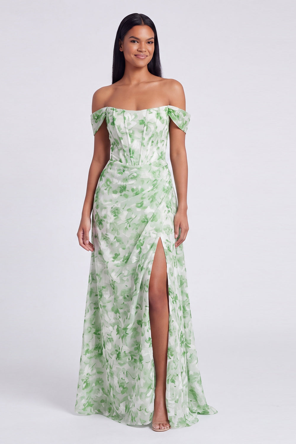 Light Blue Floral Ruched Corset Mermaid Long Formal Dress with Slit