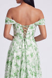 Light Blue Floral Ruched Corset Mermaid Long Formal Dress with Slit